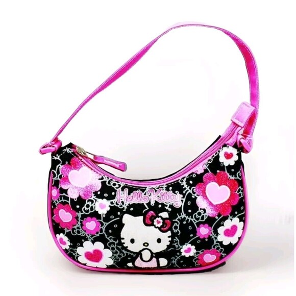 RARE Sanrio Mini Hello Kitty Handbag 2014 Black With Pink Flowers EUC 🌸 - Picture 2 of 6